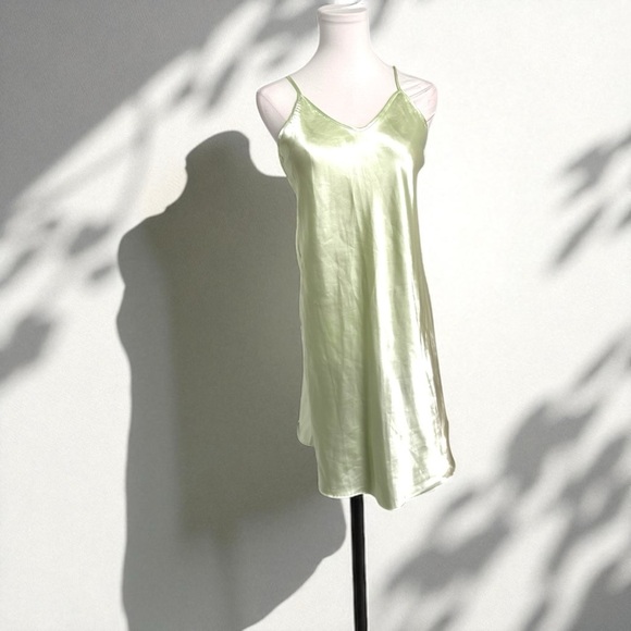 Y2K Pistachio Green Satin Slip Dress Fairycore Minimalist Lingerie Tinkerbell M - Picture 1 of 6